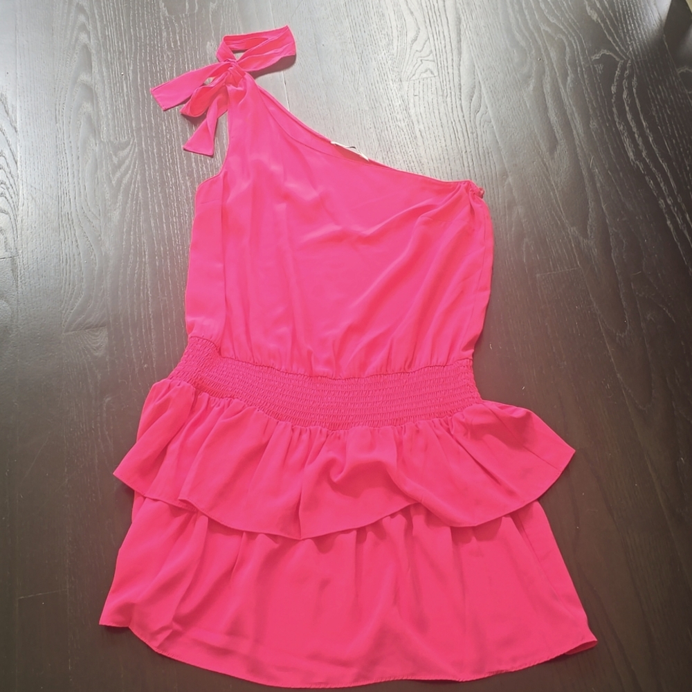 Amanda Uprichard Bold Pink Drop Waist, One Shoulder Dress Size M